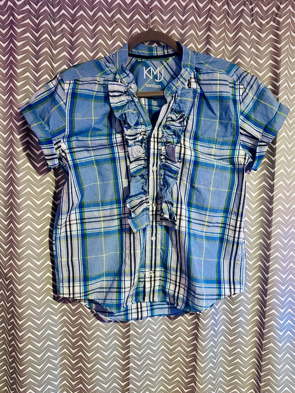 KMJ | Blue Plaid Ruffle Top, Medium